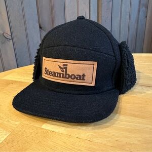 Steamboat “Trapper” Black Wool Ball Hat with Ear Flaps Sherpa and Suede